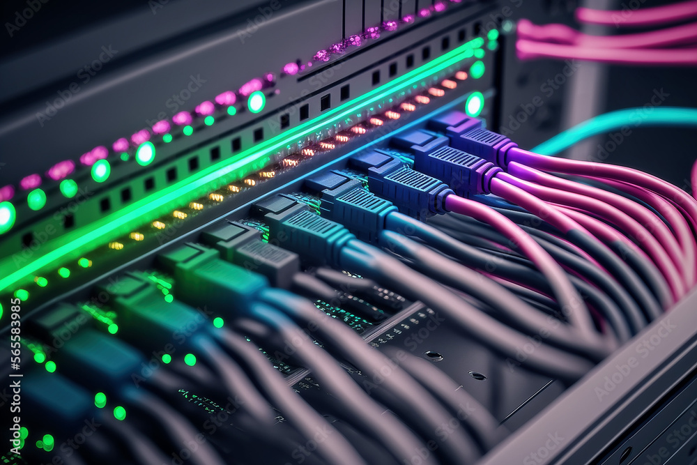 Network panel, switch and cable in data center, Generative AI Network panel, switch and cable in data center, Generative AI
