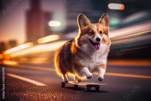 welsh corgi pembroke on a skateboard driving at high speed in the middle of the highway between cars © ako-photography