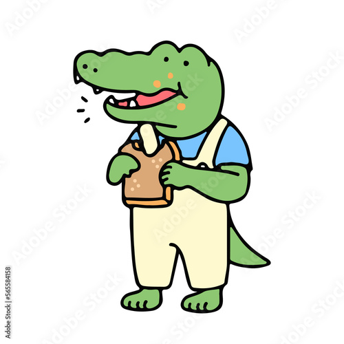 Cute crocodile cartoon character eating a bread, back to school concept. isolated on white background, vector illustration.