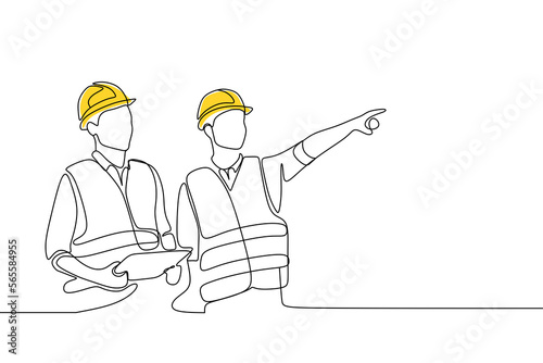 Single continuous line drawing of young construction manager giving instruction to builder coordinator at site meeting. Building architecture business concept. One line draw design PNG illustration