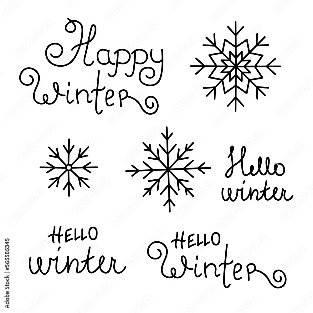 Vector set of winter black line elements, snowflakes and lettering. Winter, New year, Christmas, web design.