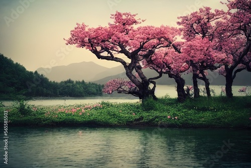 Spring morning  cherry blossoms  mountains  river  nature, Generative AI photo