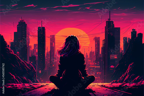 A girl in a lotus position meditates against the background of the city of the future cyberpunk style 80 Futuristic city Generative AI