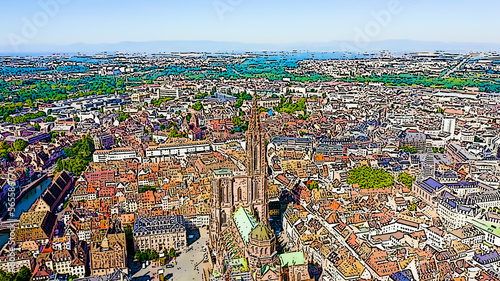 Strasbourg, France. The historical part of the city, Strasbourg Cathedral. Bright cartoon style illustration. Aerial view