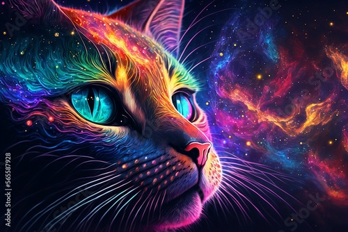 Cat in galaxy with visuals of space psychedelia 