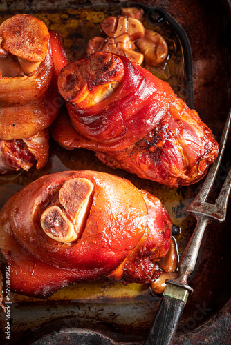 Photography Hot ham hock with spices, garlic and salt.