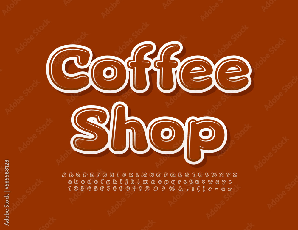 Vector advertising Signboard Coffee Shop. Modern creative Font.  Bright Glossy Alphabet Letters and Numbers