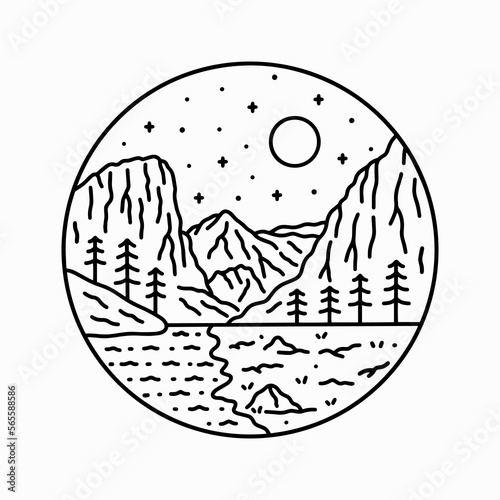 View of Zion National Park with starry sky in mono line art