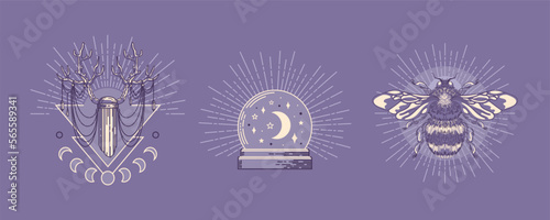 Magic crystal ball, orbuculum, fortune-telling object. Deer antlers, sun rays, moon phases, bumblebee. Vector vintage illustration. Halloween, magic, witchcraft, astrology, mysticism. logo, tattoo