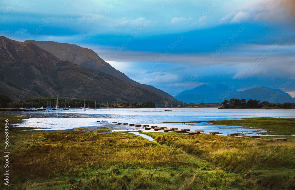 Views of the Loch Leven with colorful clouds near Glencoe Village