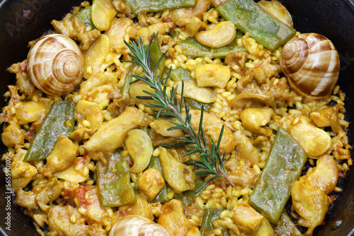 Spanish Valencian traditional paella; rabbit, chicken, garrofon beans, snails, Moroccan green beans, saffron, and bomba rice. photo