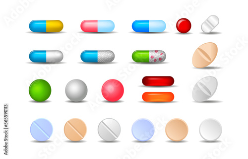Tablet set, pill and drug vitamin icons. Color medical antibiotics, different round prescription doses, pharmacy cure realistic isolated elements. Vector cartoon current illustration