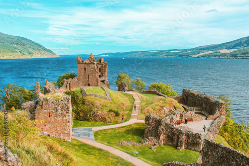 Views of Urquhart Castle and Loch Ness in Sunny days
