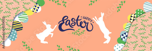 Happy easter background, spring frame. Modern 2023 pattern border, greeting layout, packaging decoration. Celebration poster. Cute design. Eggs and bunny. Vector banner current template