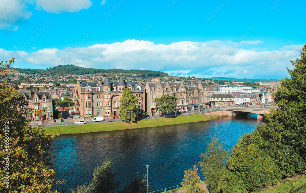 Fototapeta premium City views of Inverness and Ness River in Sunny days