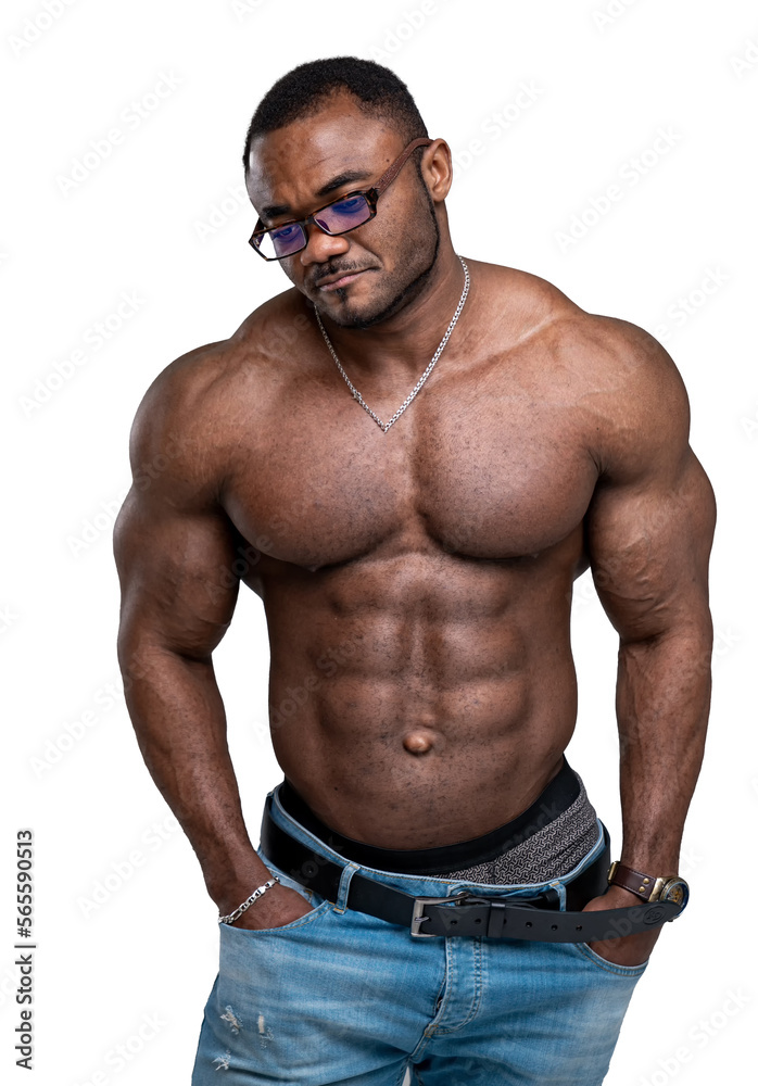 Strong African guy with big biceps and great abs standing with his hands in jeans pockets. Awesome muscular torso of a dark-skinned man. Strong African guy with big biceps and great abs standing with his hands in jeans pockets. Awesome muscular torso of a dark-skinned man.