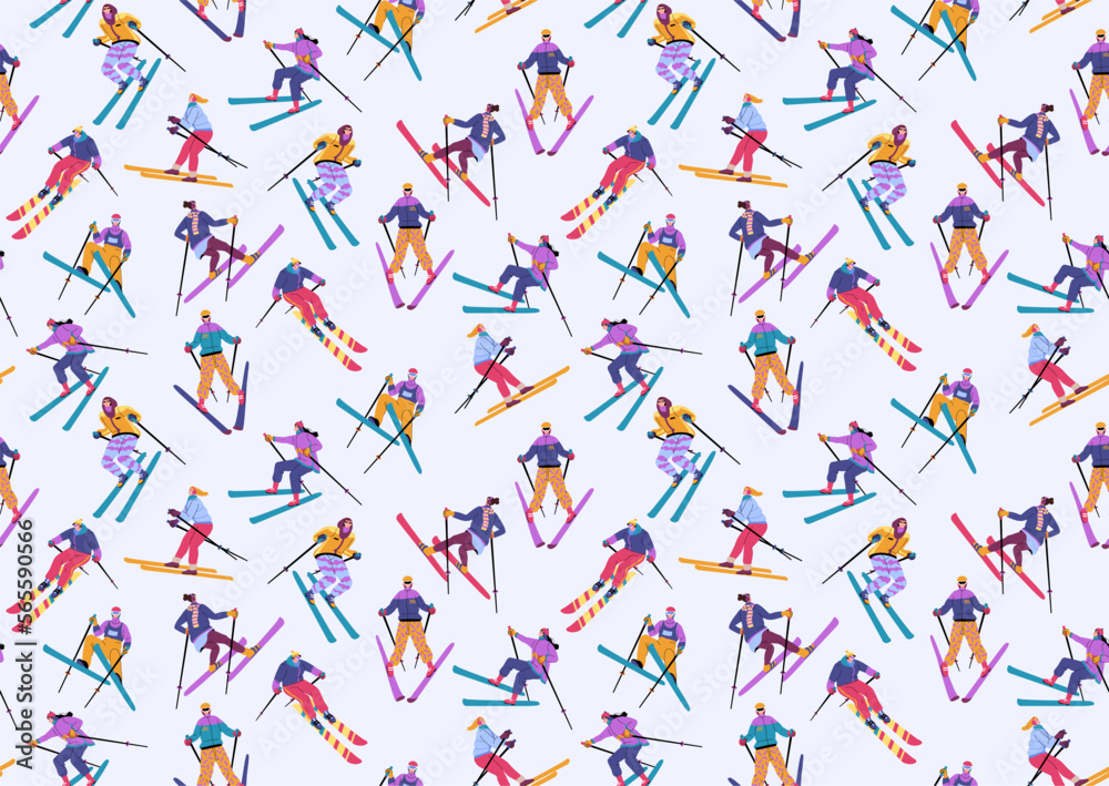 Snowy skiers, outdoor ski pattern. Winter slope, seasonal texture for wallpaper, wrapping paper for gifts. Young men and woman extreme activity, texture. Vector seamless exact background