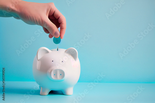 Eine Hand steckt eine Münze zum sparen in ein Sparschwein. Finanz- und Geldeinlagenkonzept - Generative Ai 