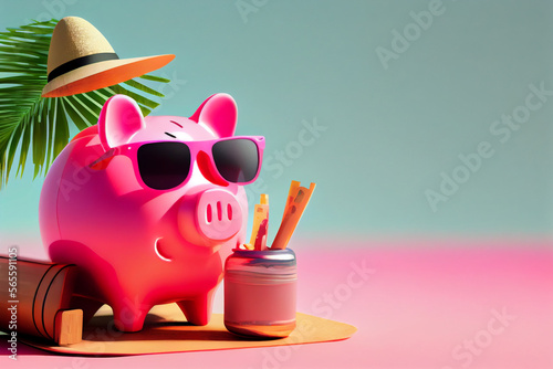 Sparschwein als Reisekasse. Urlaubshintergrund mit Platzhalter zum Thema sparen für eine Reise - Generative Ai
 photo