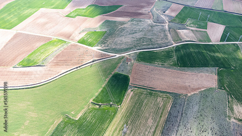 Foto vista aérea de terrenos cultivados en distintos colores de verdes y marrones