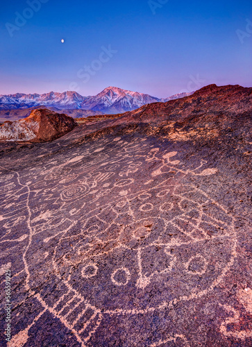Piute Petroglyphs and full moon photo