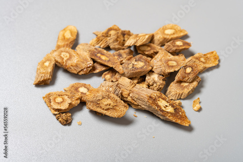 angle view herb DangShenPian or Codonopsis Radix or Pilose Asiabell Root slices photo