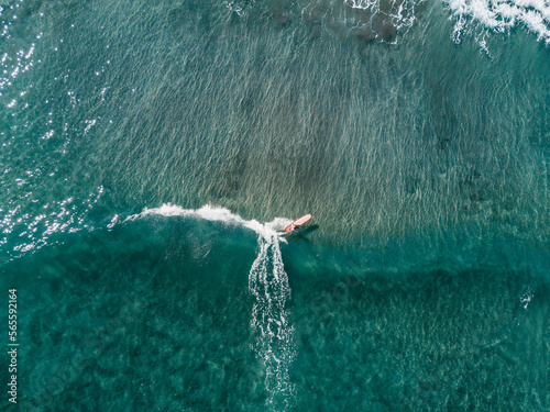 Aerial view of female surfer surfing in crystal clear water, Tenerife, Canary Islands, Spain