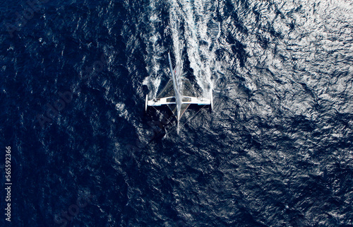 Aerial photo shoot of l'Hydroptere DCNS, Alain Thebault and his crew (Yves Parlier, Jean le Cam, Jacques Vincent, Luc Alphand)  during the first series of trials on the Med before  photo