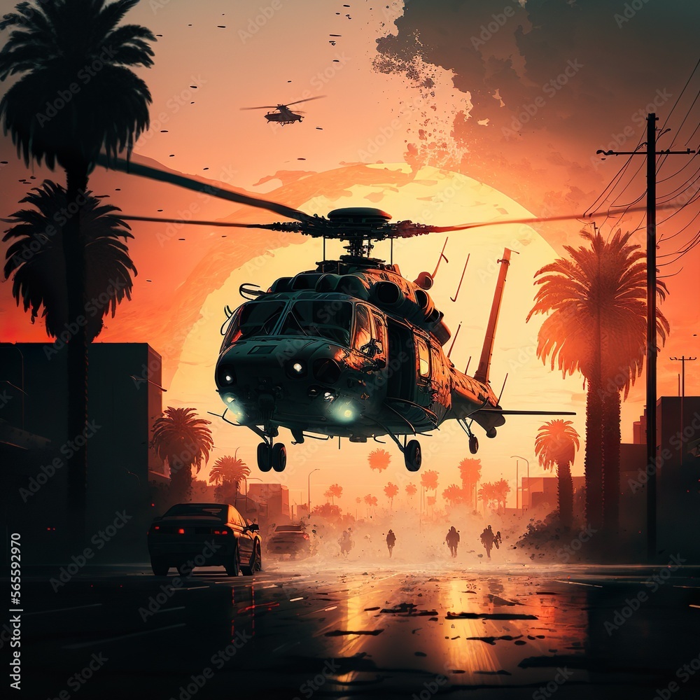 Helicopter flying above the streets of california ilustra o do stock