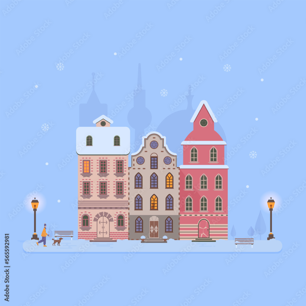 Vector illustration of the winter city landscape. Panorama of the city, winter street walking with a man of man. Template for congratulations and invitations, banner, poster, postcards..