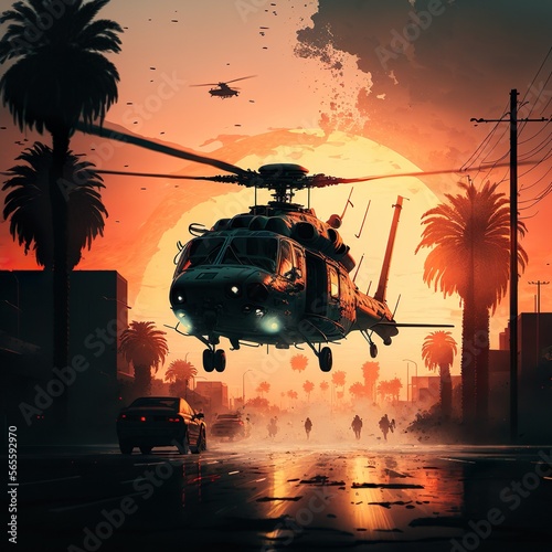 Helicopter flying above the streets of California  photo
