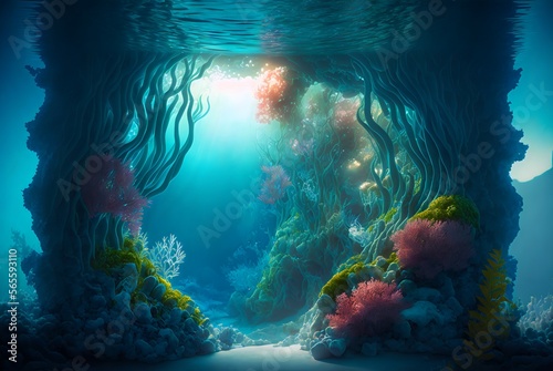 Seabed landscape with azure water algae and corals and bright highlights. AI generated.