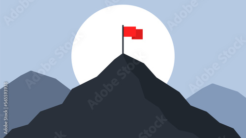 Fototapeta Naklejka Na Ścianę i Meble -  Mountaintop goal. Way to success. Challenges in business and career. Red flag on the mountain. Vector illustration