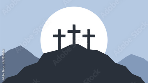 Three crosses on Golgotha. Easter. Crucifixion and resurrection of Jesus Christ. Vector illustration
