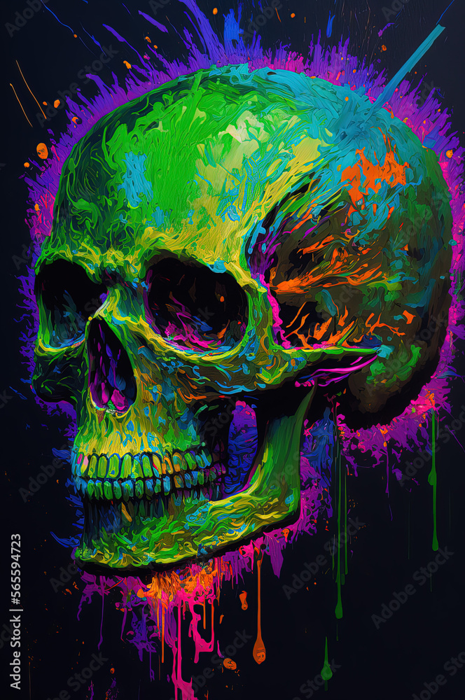 Abstract painting of neon skull. Generative AI. Abstract painting of neon skull. Generative AI.