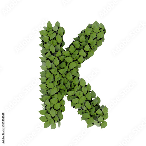 3D alphabet letter made of green leaves isolated on transparent background