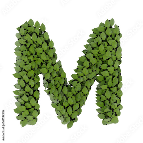 3D alphabet letter made of green leaves isolated on transparent background