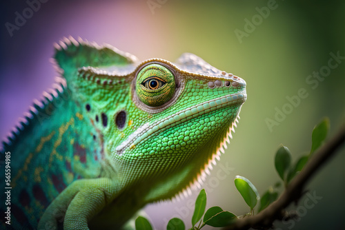 Close up of a green chameleon. Generative AI.