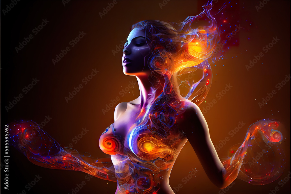 Majestic visualization of meditation healing: ethereal woman illuminated with vibrant cosmic energies, representing the transformative power of inner peace and rejuvenation. generative ai