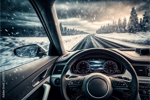 Driving auto on Snowy road. inside view. Generative AI © bahadirbermekphoto