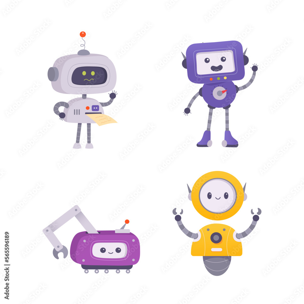 Cute robot set, childish collection with futuristic funny characters, automation machines Cute robot set, childish collection with futuristic funny characters, automation machines