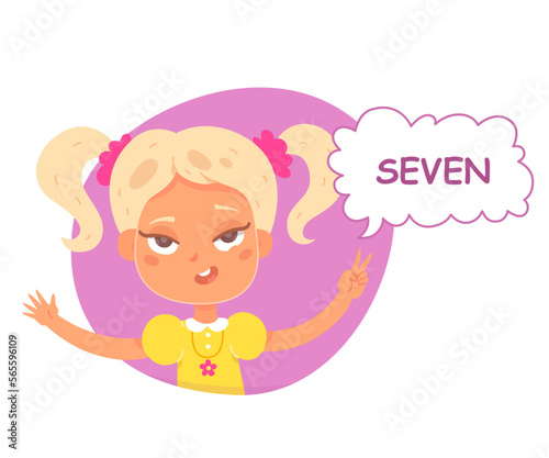 Kid counting to seven vector illustration. Cartoon isolated cute preschool girl inside purple figure showing 7 fingers gesture to count and study numbers, arithmetic and basic math in kindergarten