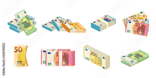 Euro paper cash money set, European currency collection with isometric bundles and piles