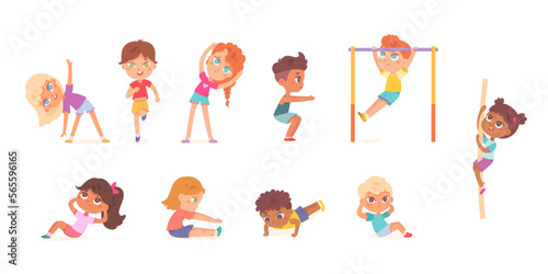 Sport exercises of children set, gymnastics and physical activity of little child in gym