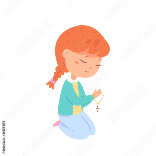 Christian girl praying with rosary cross, kid sitting on knees to pray to God and angels