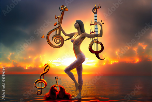 Captivating image showcasing the power of music healing, with a silhouette leading a serene musical ritual at sunset. Ideal for promoting therapeutic and soulful musical experiences.