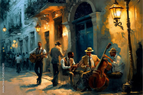 jazz band havana street, oil painting. Generative AI
