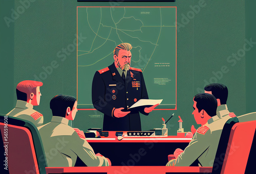 Combat officer holds staff military meeting. Presentation of military strategy.. photo