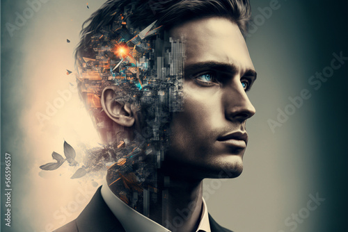 This stock image shows a person interacting with a digital interface representing a human face, symbolizing the integration of AI and humanity. It can be used to illustrate themes such as AI and human