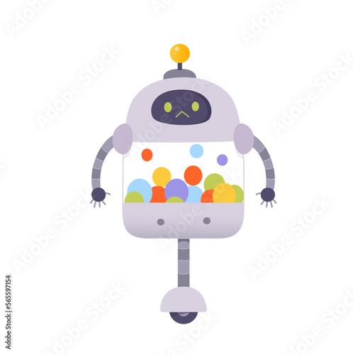 Cute robot vector illustration. Cartoon smart chatbot character on wheel from AI customer support service, grey bot with funny face for online chat conversation and help of artificial intelligence